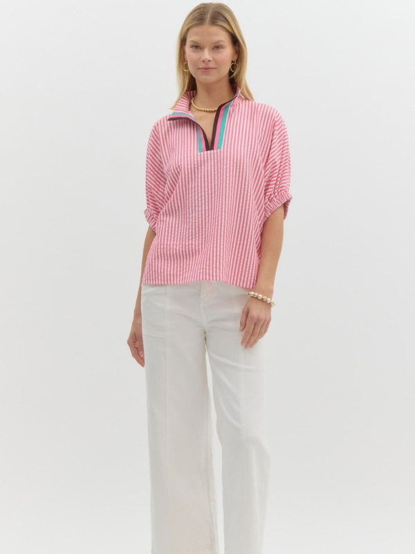 Pink Striped Contrast Collar Top
