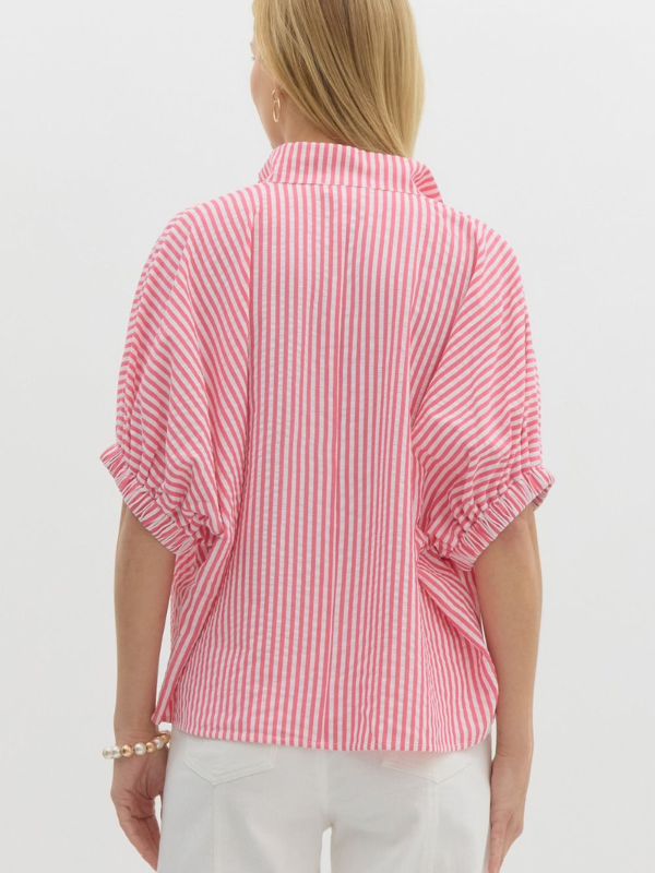 Pink Striped Contrast Collar Top
