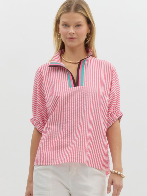 Pink Striped Contrast Collar Top