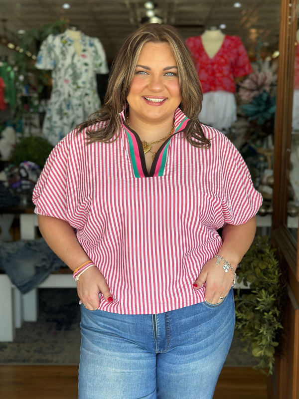 Pink Striped Contrast Collar Top