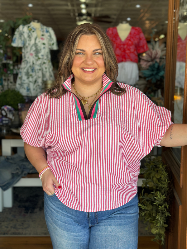 Pink Striped Contrast Collar Top