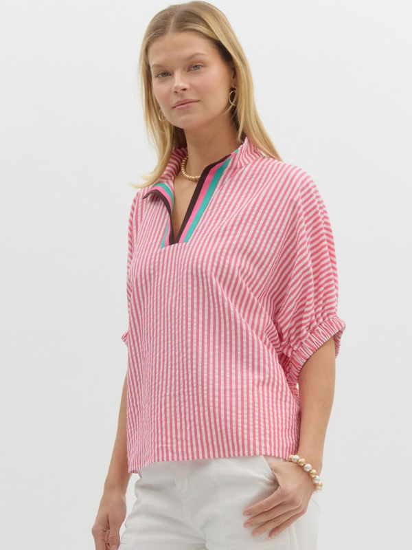 Pink & White Stripe Contrast Collar Top