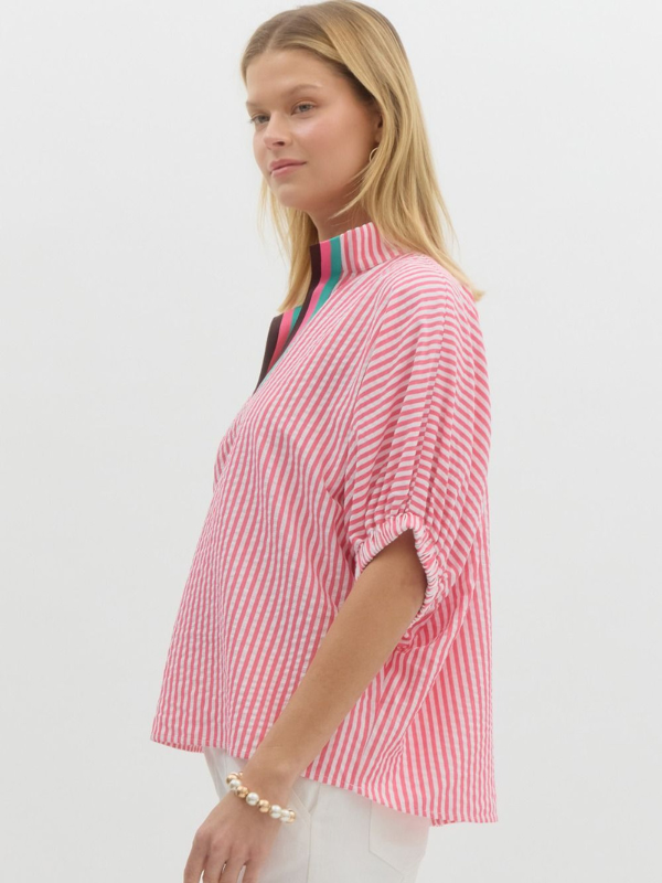Pink & White Stripe Contrast Collar Top