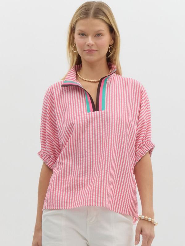Pink & White Stripe Contrast Collar Top