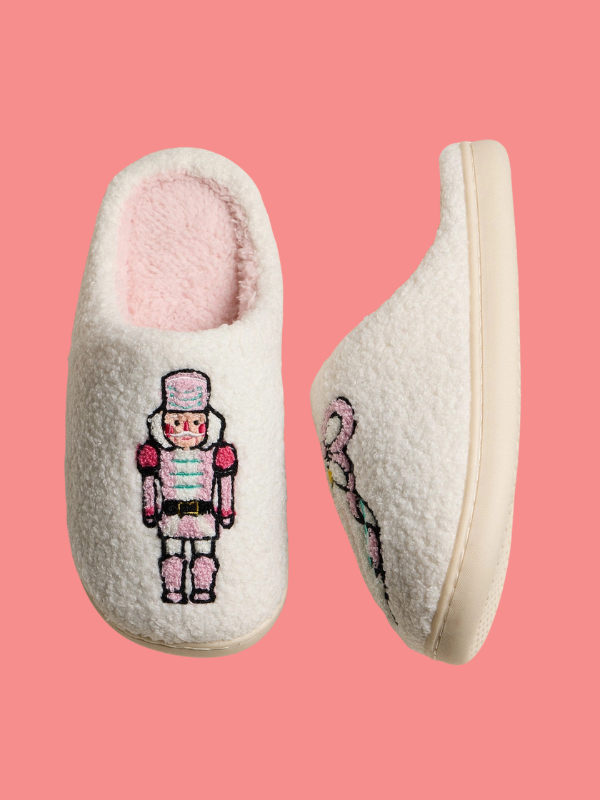 Plush Holiday Slippers Embroidered with Classic Nutcracker and Festive Ribbon Ornament