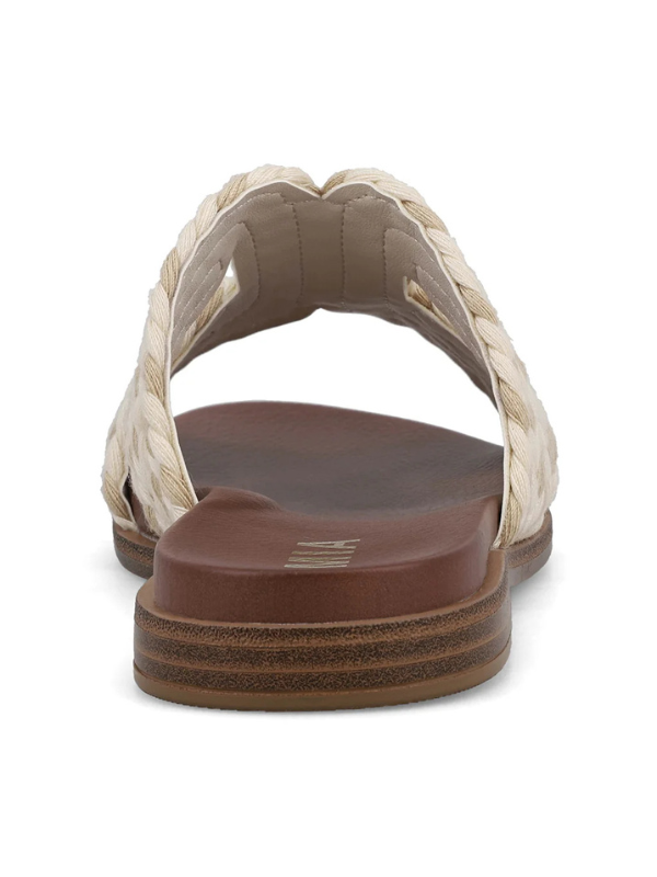 Back view of a sandal with braided design and brown sole on a white background