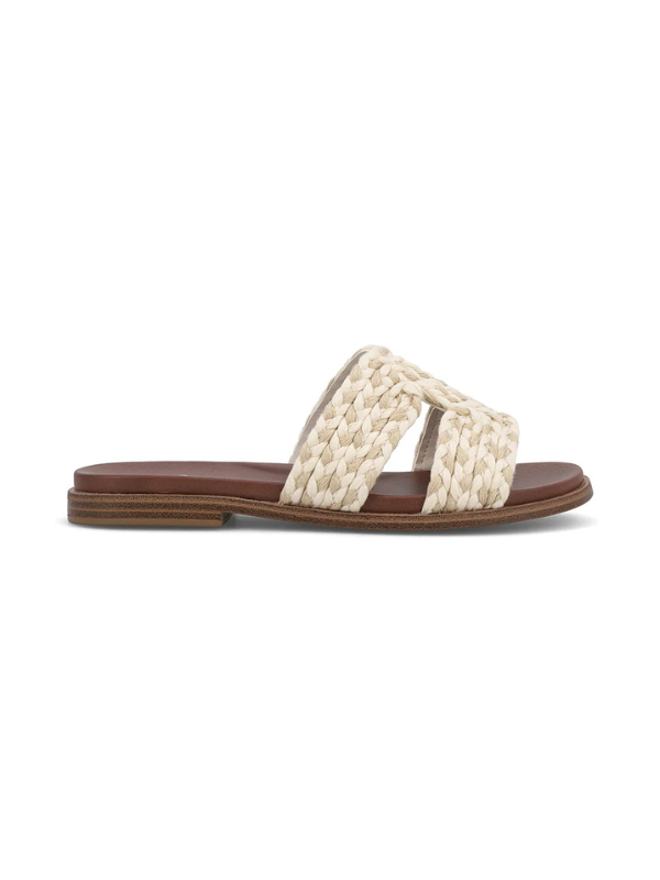 Woven sandal with a brown sole on a white background