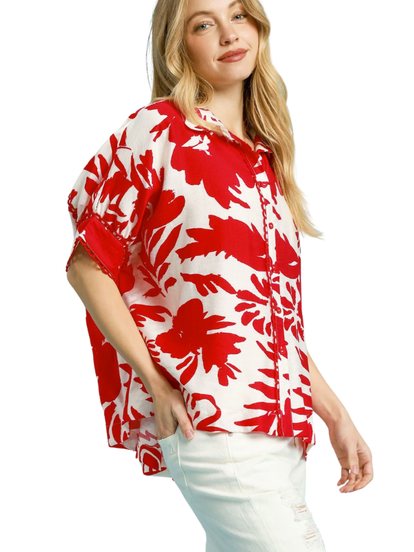 Red Floral Button Up