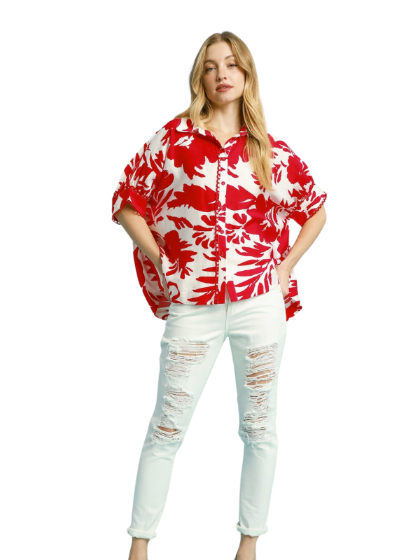 Red Floral Button Up