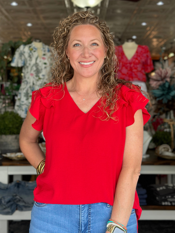 Red Ruffle Sleeve V-Neck Top