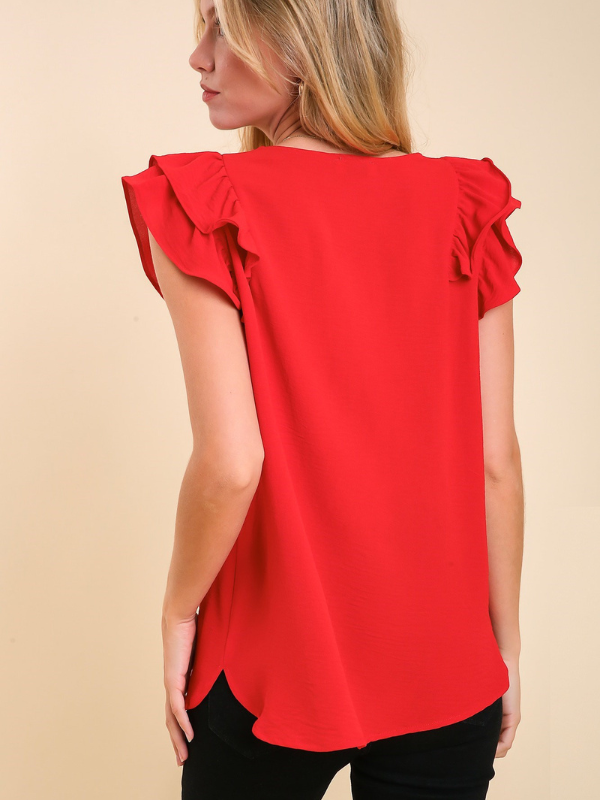 Red Ruffle Sleeve V-Neck Top
