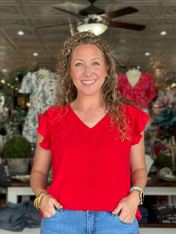 Red Ruffle Sleeve V-Neck Top