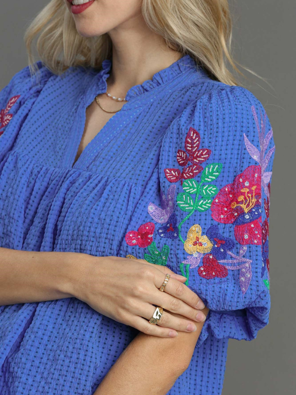 Royal Blue Floral Embroidered Sleeve Top