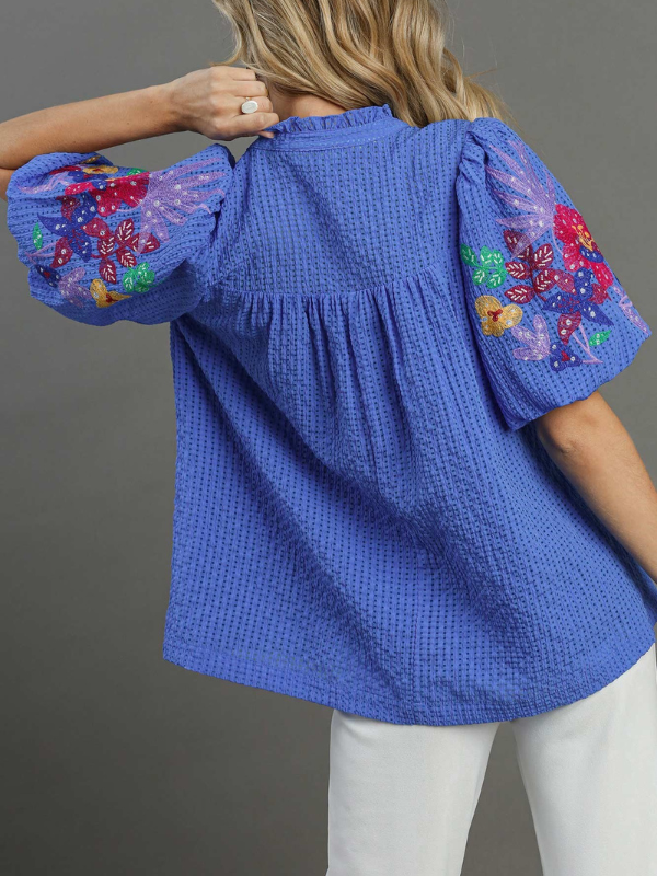 Royal Blue Floral Embroidered Sleeve Top