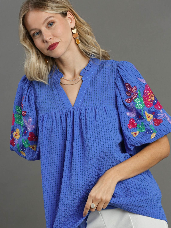 Royal Blue Floral Embroidered Sleeve Top
