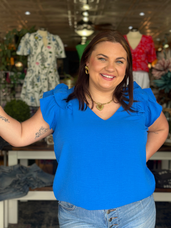 Royal Blue Ruffle Sleeve V-Neck Top