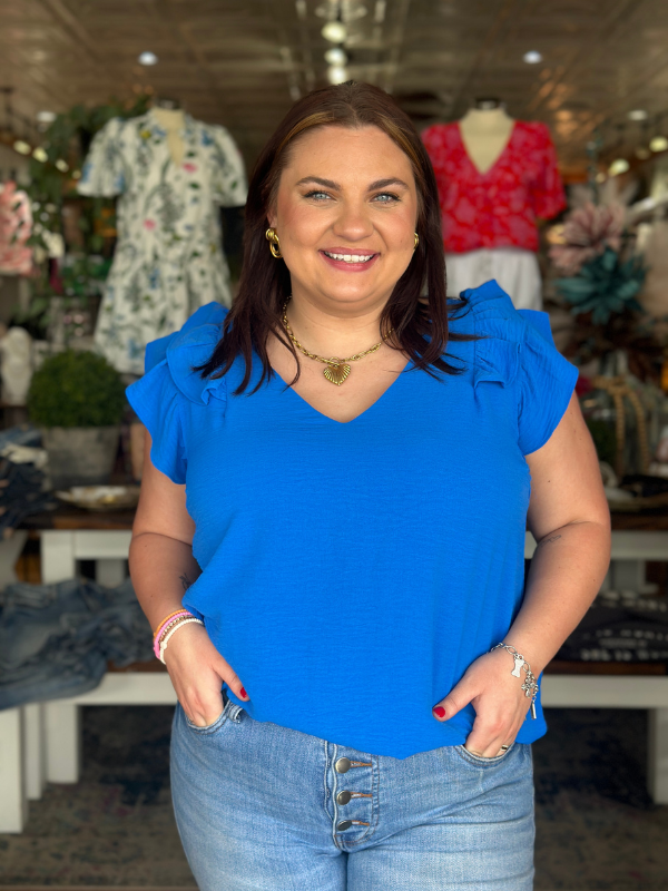 Royal Blue Ruffle Sleeve V-Neck Top