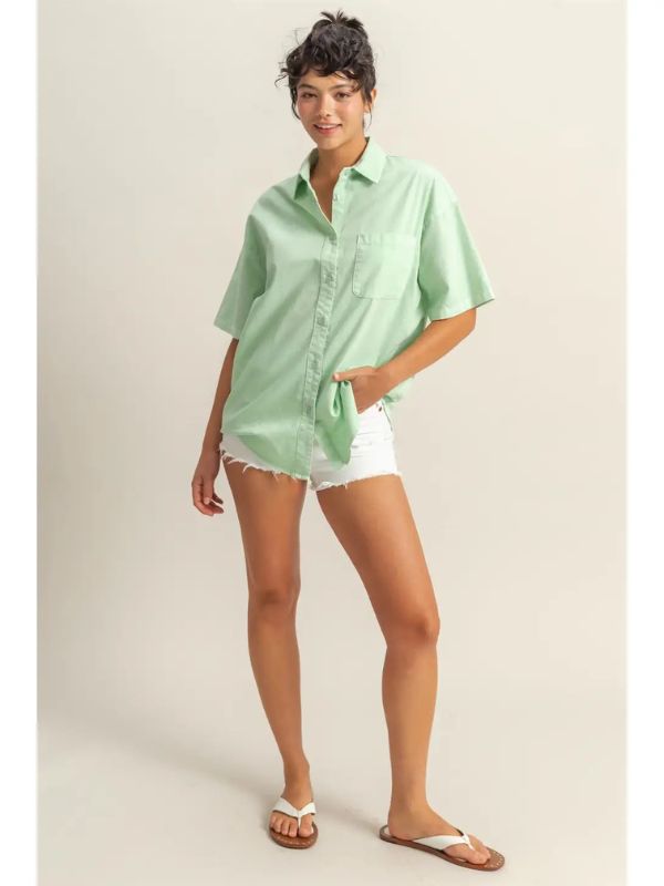 Short Sleeve Oversized Button Down Shirt - Mint