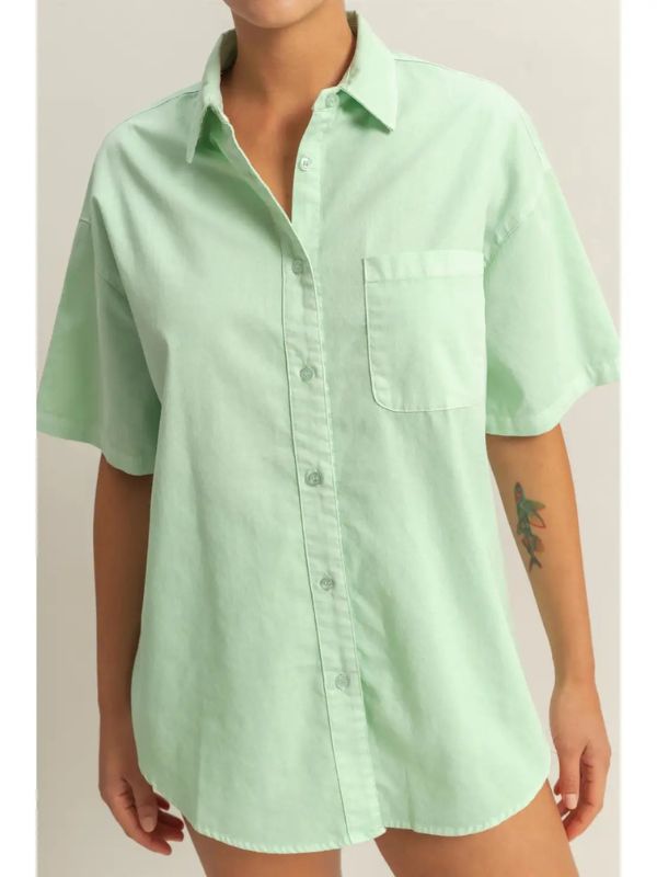 Short Sleeve Oversized Button Down Shirt - Mint