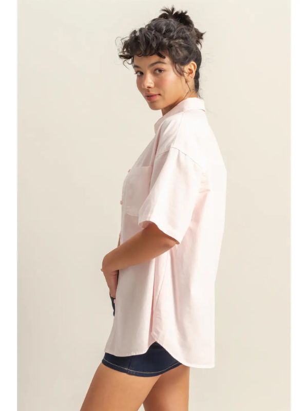 Short Sleeve Oversized Button Down Shirt - Soft Pink