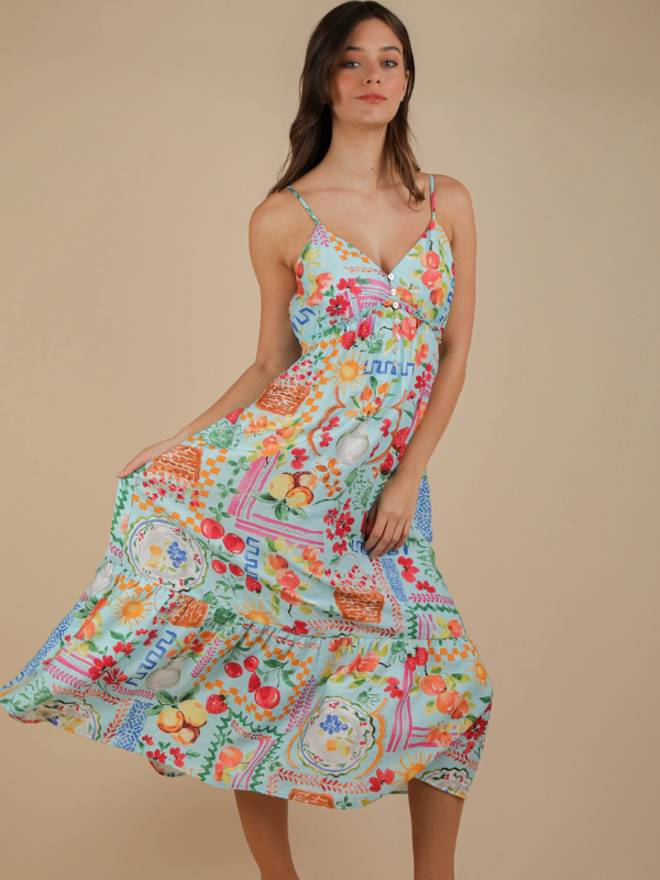 Summer Fruit Printed Button Down Midi Dress