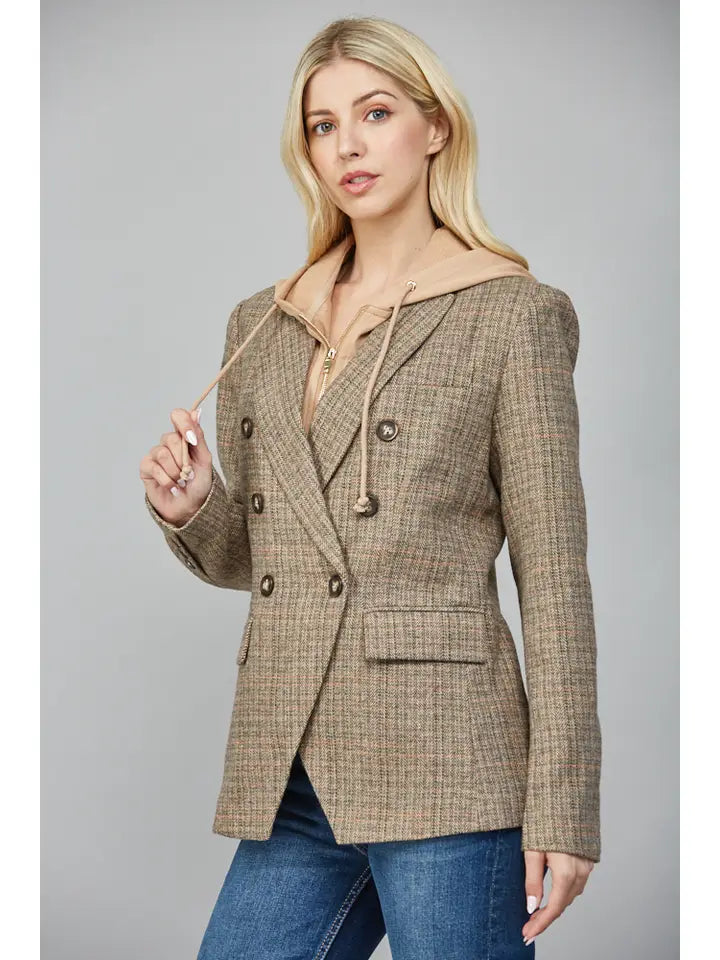 Tan & Green Hooded Herringbone Blazer