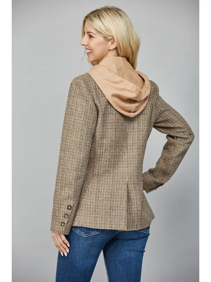 Tan & Green Hooded Herringbone Blazer