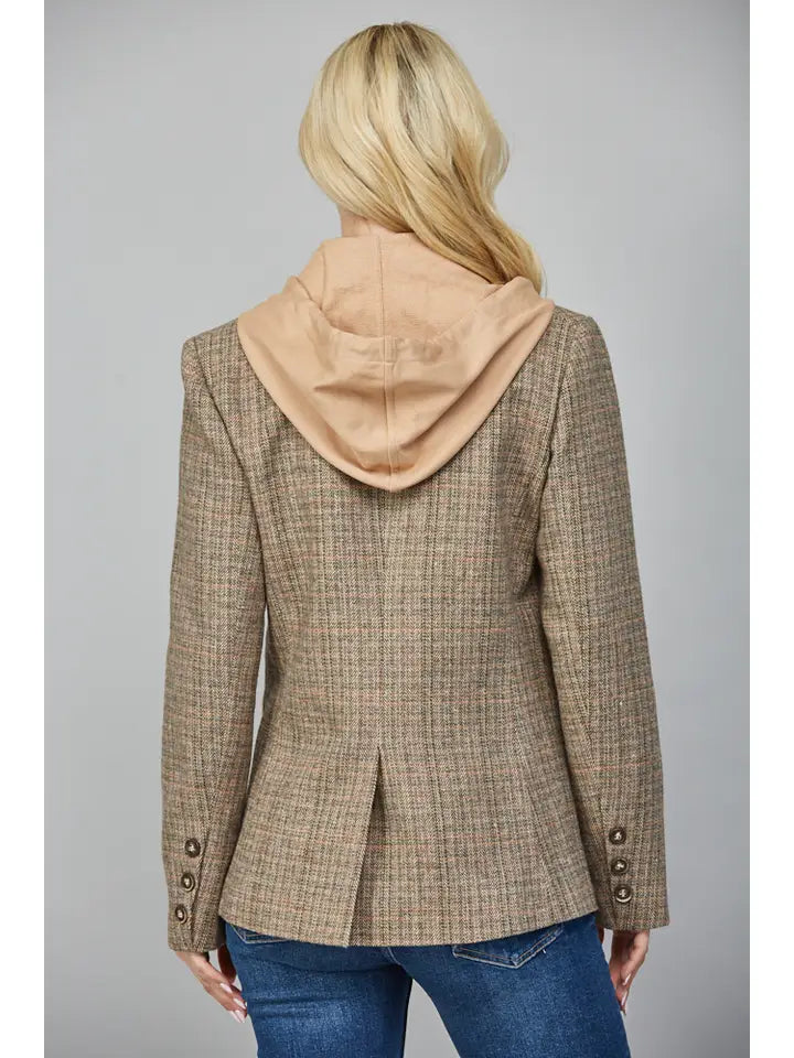 Tan & Green Hooded Herringbone Blazer
