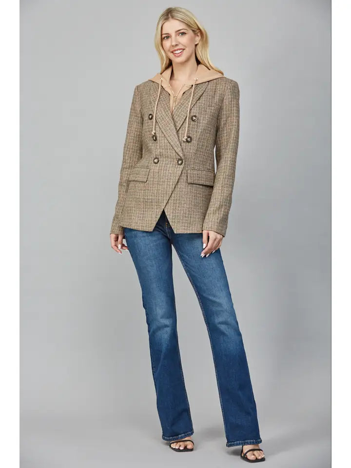 Tan & Green Hooded Herringbone Blazer