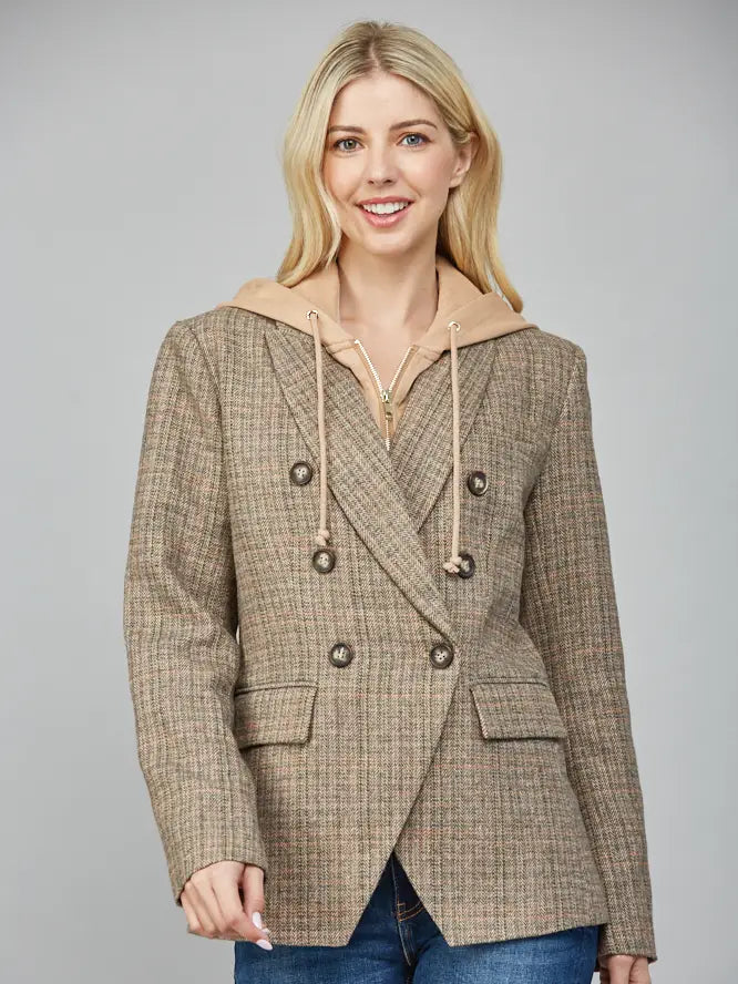 Tan & Green Hooded Herringbone Blazer