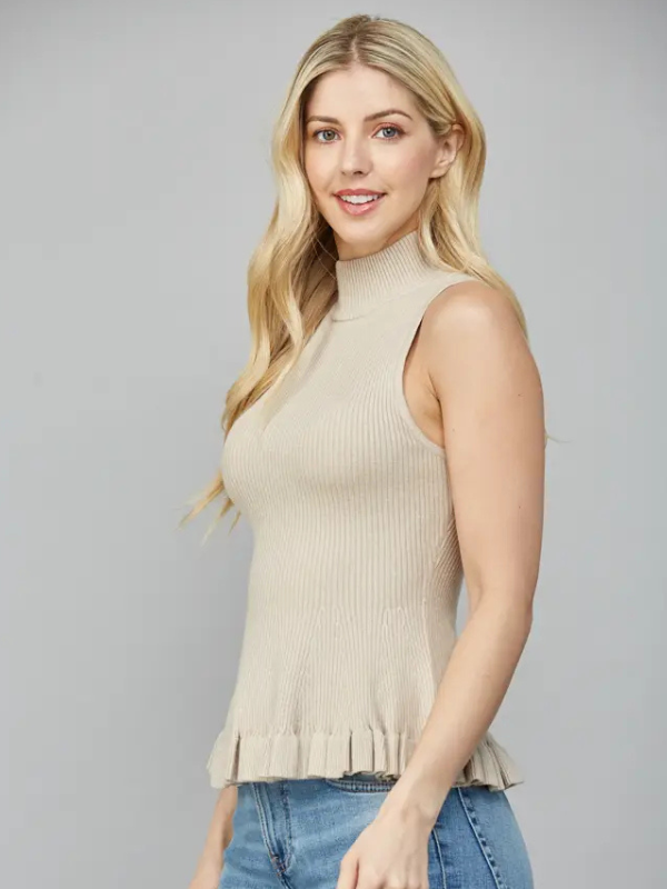 Taupe Mock Neck Sleeveless Peplum Top