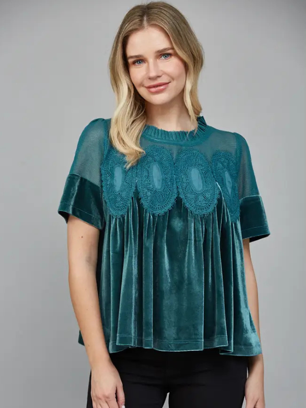 Teal Green Velvet Babydoll Top