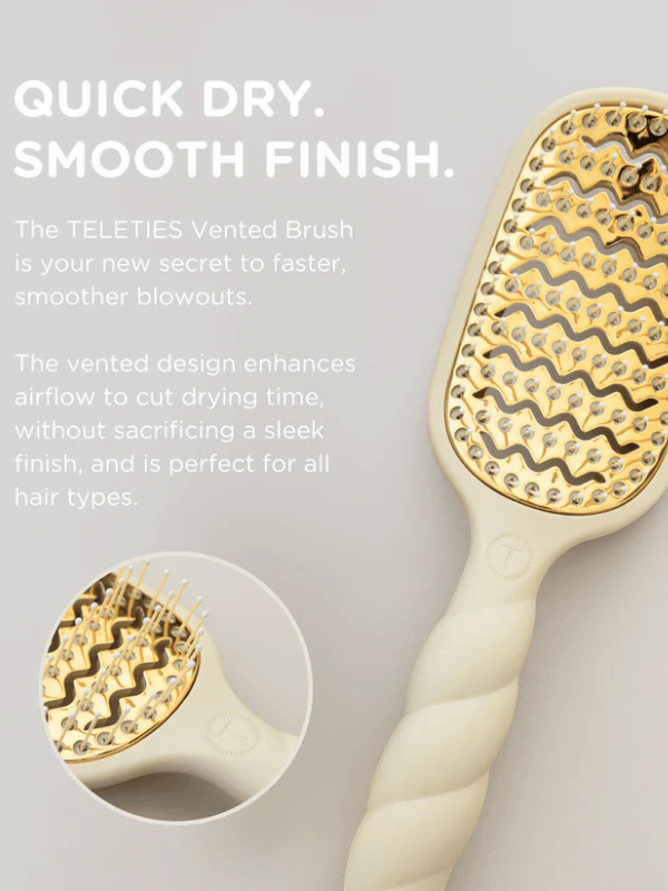 TELETIES Vented Brush with gold bristle design on a light gray background