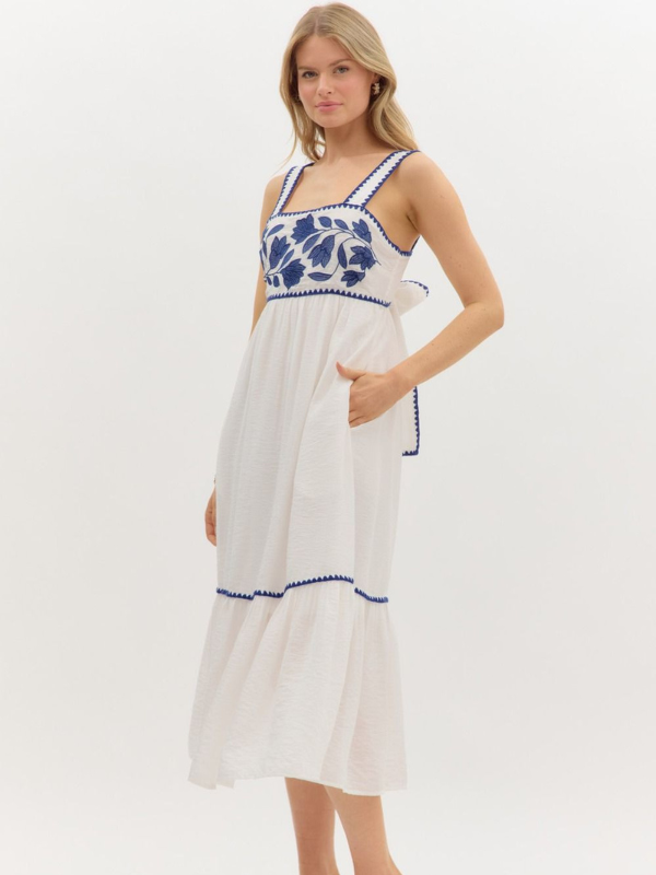 White + Blue Embroidered Bow Dress
