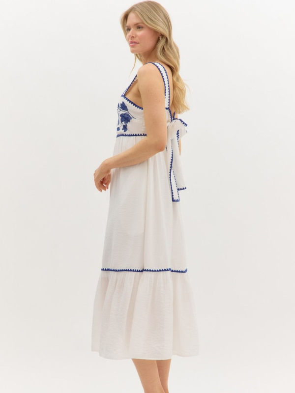White + Blue Embroidered Bow Dress