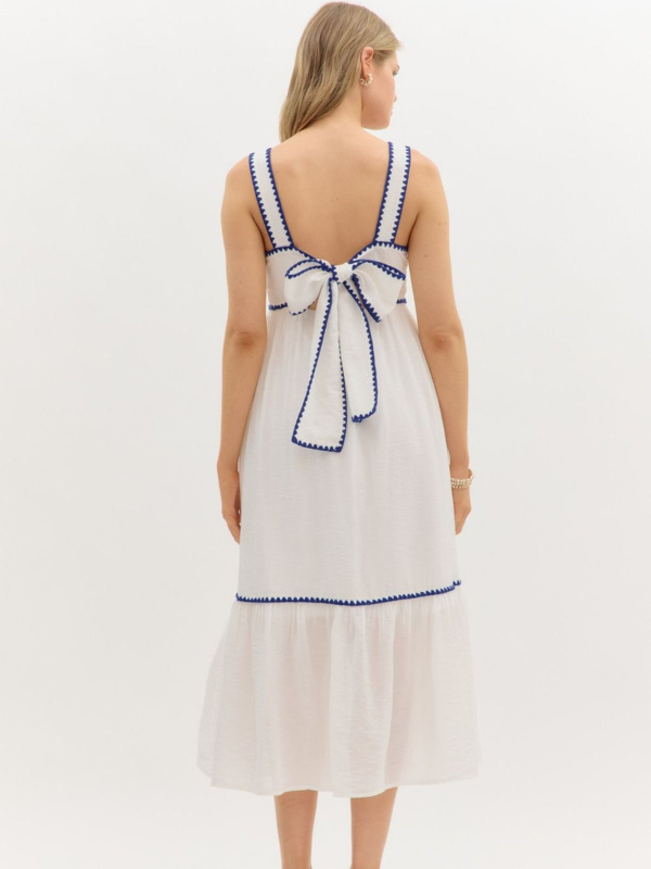 White + Blue Embroidered Bow Dress