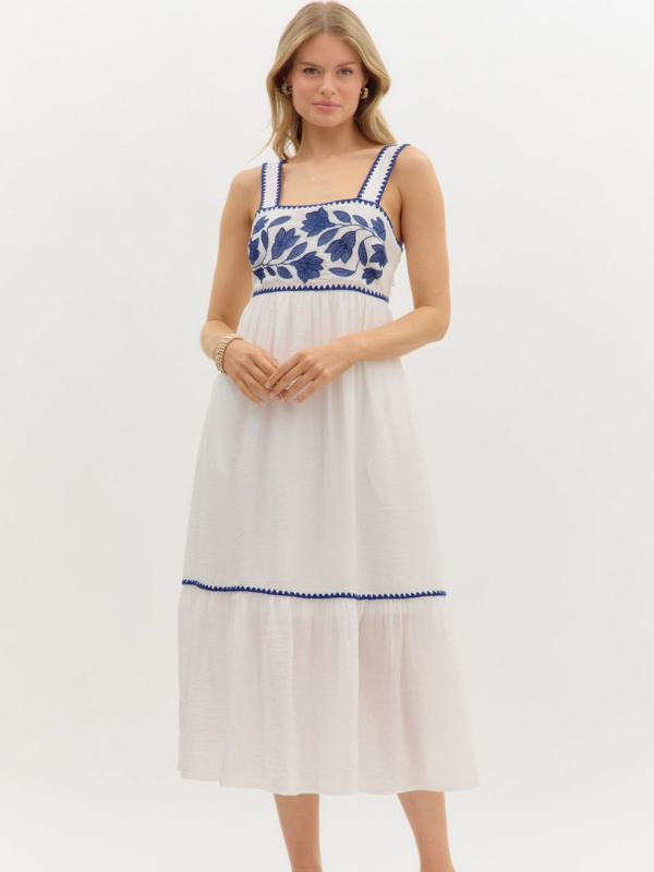 White + Blue Embroidered Bow Dress