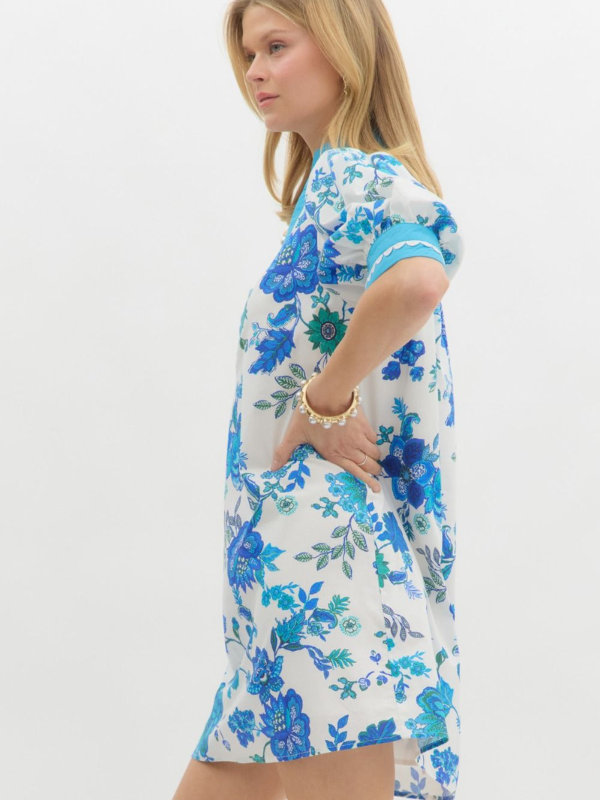 White + Cobalt Blue Floral Mini Dress