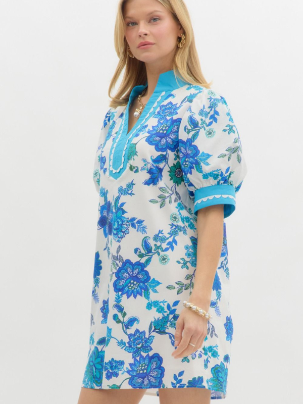 White + Cobalt Blue Floral Mini Dress