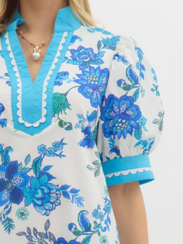 White + Cobalt Blue Floral Mini Dress