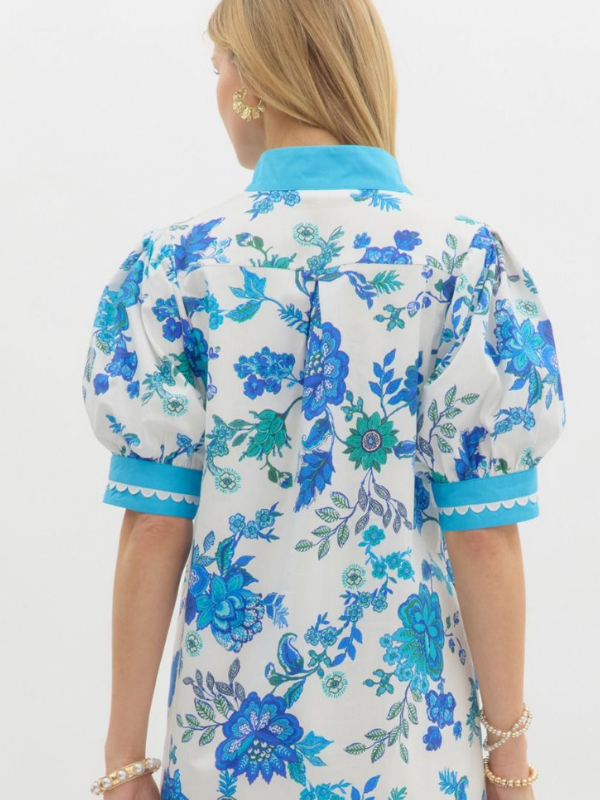 White + Cobalt Blue Floral Mini Dress