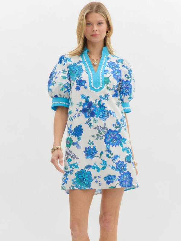 White + Cobalt Blue Floral Mini Dress