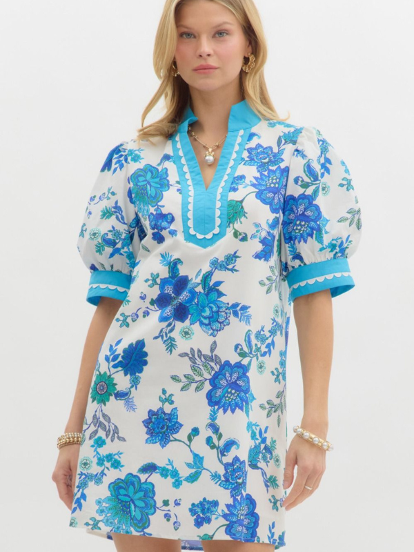 White + Cobalt Blue Floral Mini Dress