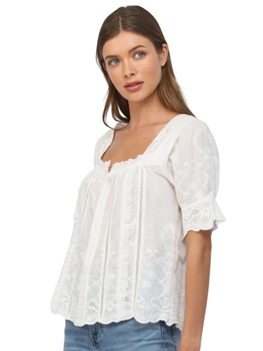 Woman wearing a white lace blouse on a white background