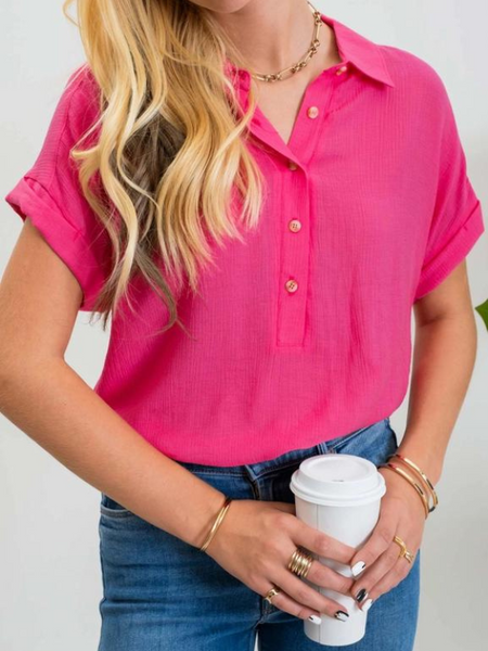 Fuchsia Mid Button Short Sleeve Top - Themasonboutique