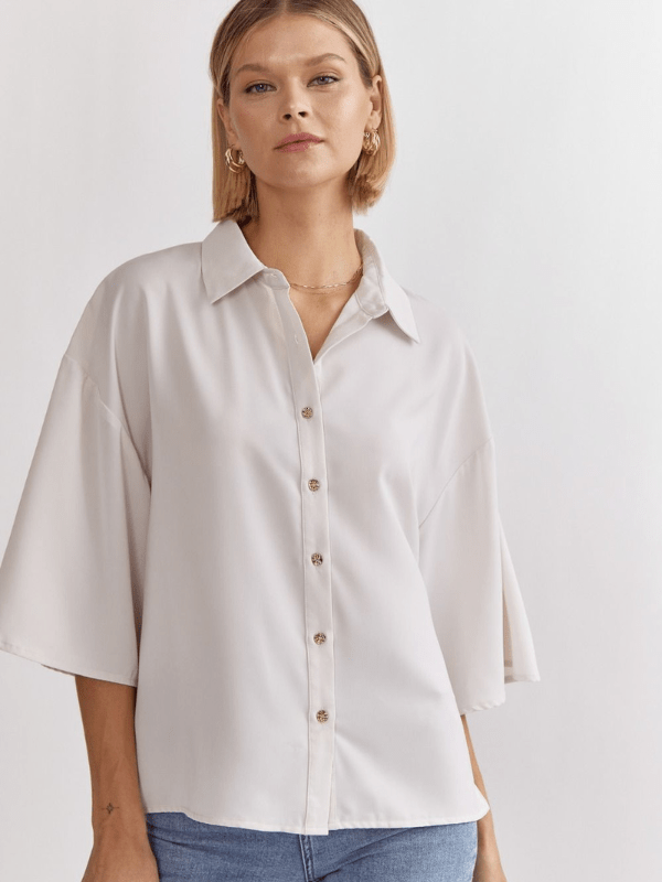 Oyster Satin Short Sleeve Button Up