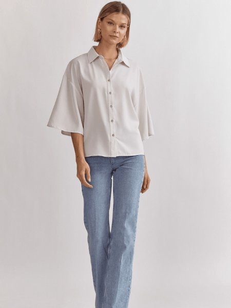 Oyster Satin Short Sleeve Button Up