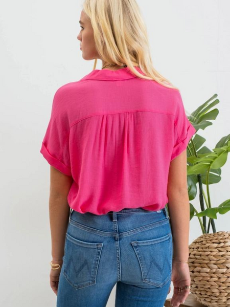 Fuchsia Mid Button Short Sleeve Top - Themasonboutique