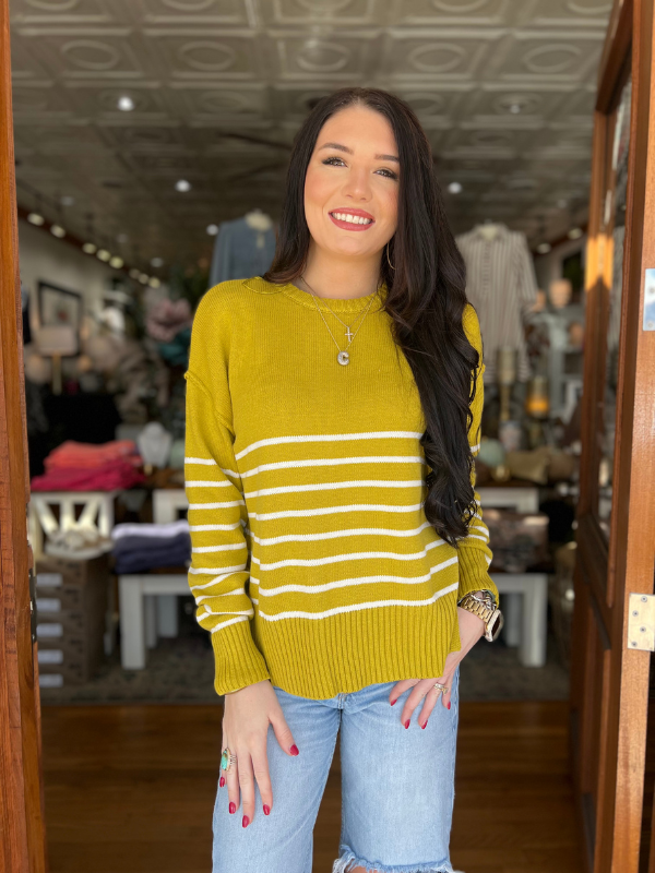 Chartreuse & Ivory Stripe Drop Shoulder Sweater