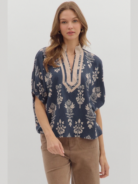 Navy Botanical Dolman Sleeve Top